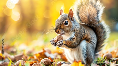 A squirrel is sitting on a bed of fallen leaves, eating a nut. photo