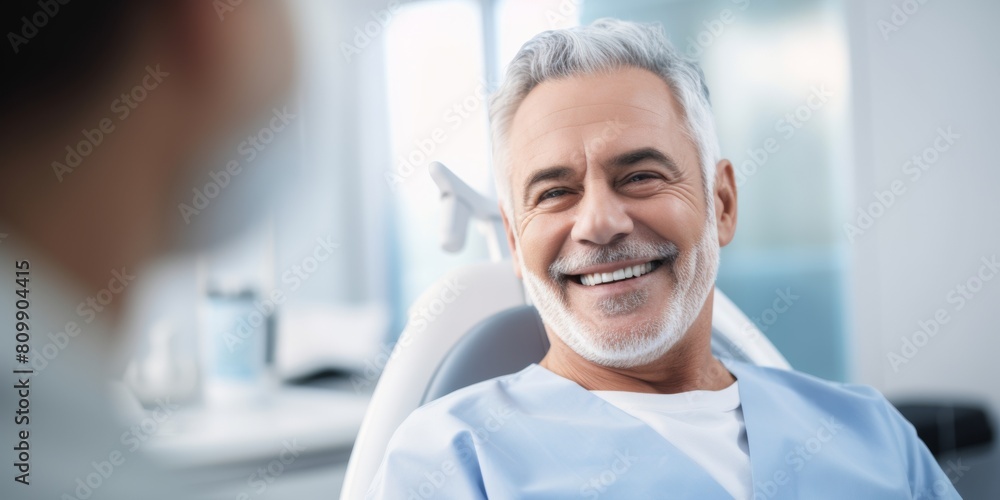 Fototapeta premium The snow-white smile of a middle-aged man in the dentist’s office. Generative AI.