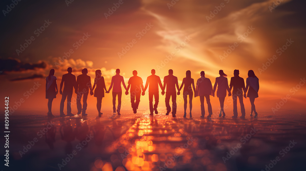Silhouette of a group of business people on the sunset background