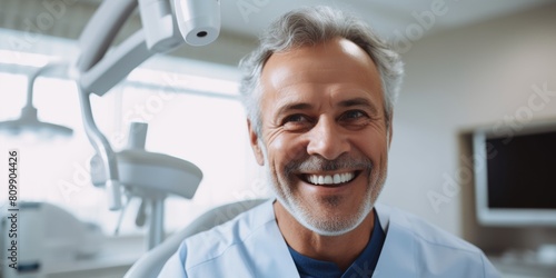 The snow-white smile of a middle-aged man in the dentist’s office. Generative AI.