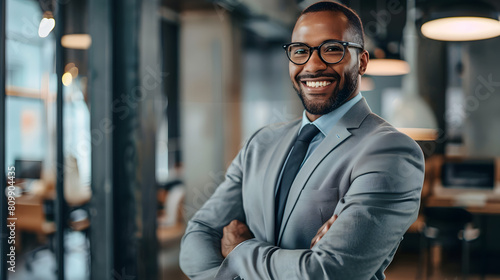 portrait of smiling african american businessman in eyeglasses with crossed arms in cafe