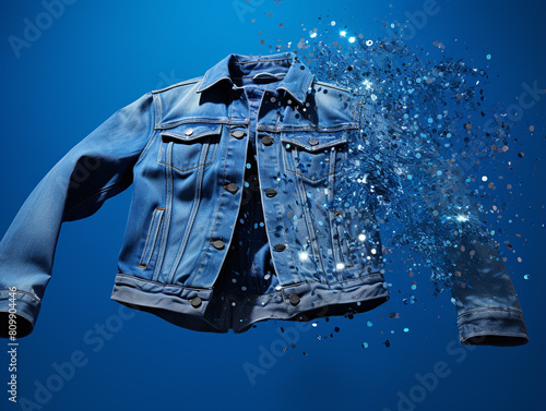 Denim jacket disintegrating into particles against a vibrant blue background, striking and dynamic effect photo