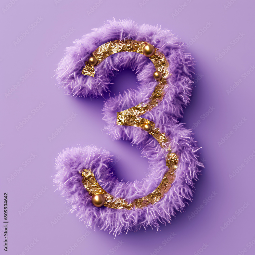 Purple fur, fluffy number three, 3 with golden decoration. Birthday greeting card. Anniversary. Flat lay. Generative ai Purple fur, fluffy number three, 3 with golden decoration. Birthday greeting card. Anniversary. Flat lay. Generative ai