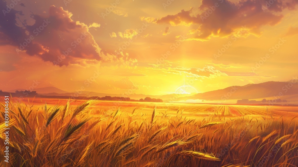 A golden sunset over a tranquil landscape, casting a warm glow over fields of wheat and distant mountains.