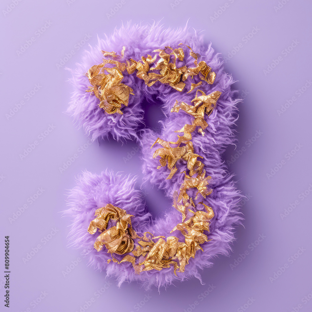 Purple fur, fluffy number three, 3 with golden decoration. Birthday greeting card. Anniversary. Flat lay. Generative ai Purple fur, fluffy number three, 3 with golden decoration. Birthday greeting card. Anniversary. Flat lay. Generative ai
