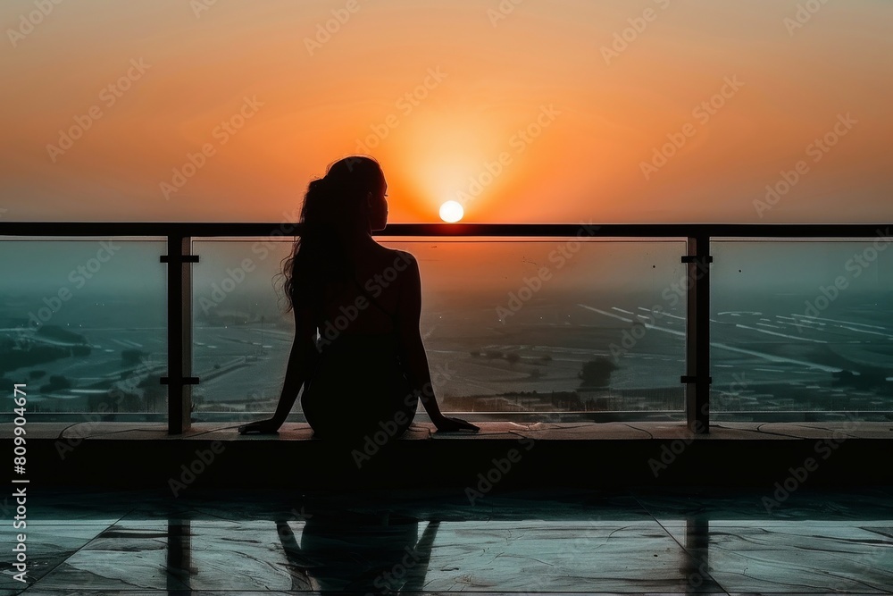 Fototapeta premium Woman Sitting on Balcony Watching Sunset