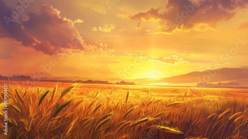 A golden sunset over a tranquil landscape, casting a warm glow over fields of wheat and distant mountains. © Plaifah