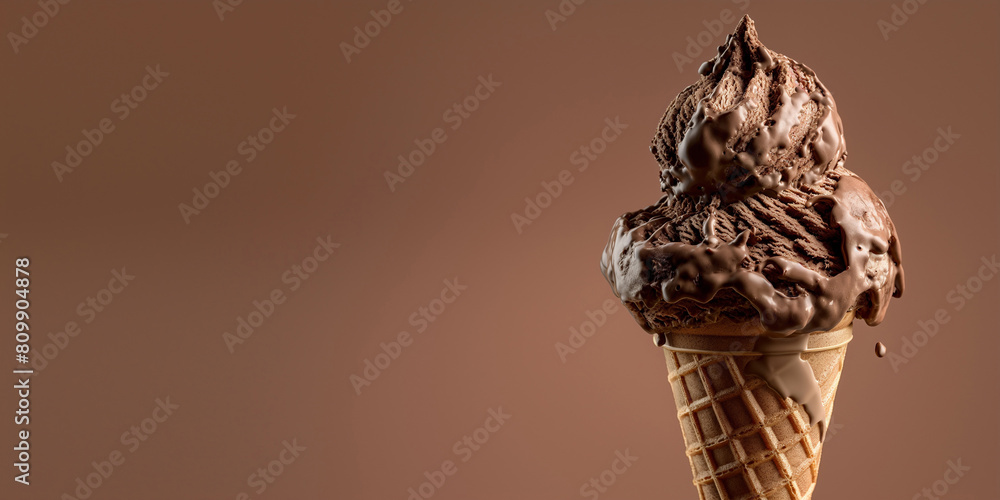 chocolate ice cream with waffle cone isolated on brown background, copy space
