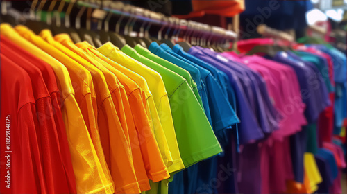 Wallpaper Mural Colorful t-shirts in rainbow hues on store racks.
 Torontodigital.ca