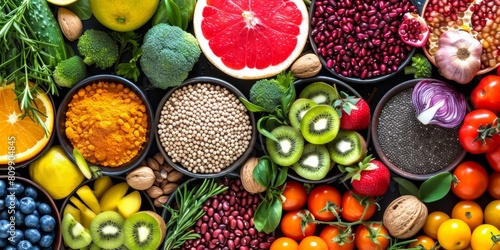 Healthy balanced food top view. Organically fresh fruits and vegetables on the table. Generative AI.