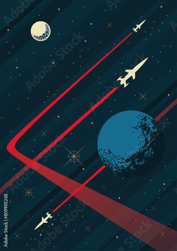 Vector Cosmic Background, Template for Space Posters, Illustrations, Covers. Space Rockets, Planets, Stars