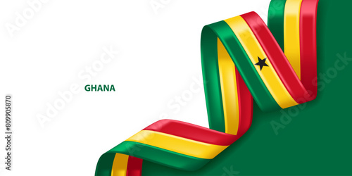 Ghana 3D ribbon flag. Bent waving 3D flag in colors of the Ghana national flag. National flag background design.