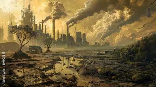Concept art of a futuristic world recovering from the effects of coalinduced global warming, showing regrowth and renewal photo