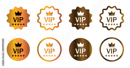 Vip text, icons set with crown and stars. Set of vip badges in gold and bronze color. Vip label, badge or tag. Vector illustration. Flat style.
