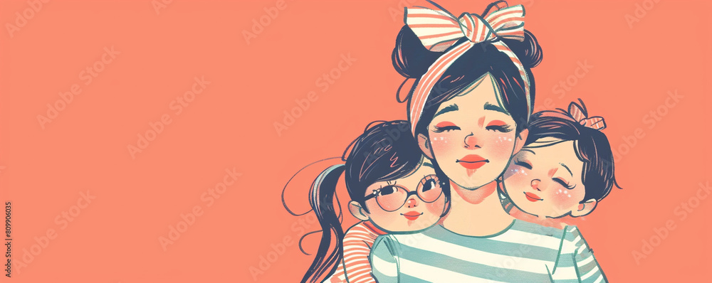 Cute mother and children daughters coral pink background mother's day family love drawing copy space illustration Cute mother and children daughters coral pink background mother's day family love drawing copy space illustration