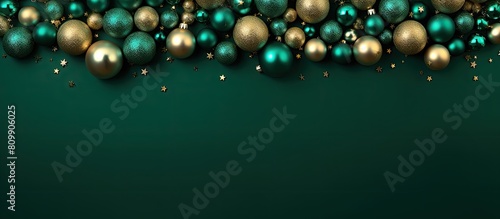 A festive Christmas background with shiny balls on a green backdrop perfect for flat lay and top view photography Plenty of copy space available