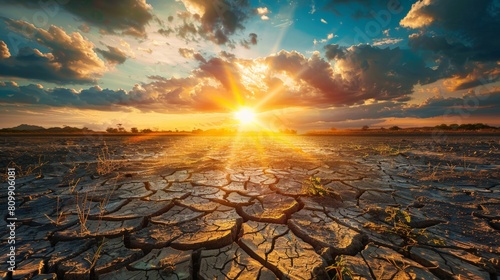 Dramatic image of a cracked and dry landscape under a glaring sun, representing ozone depletion and its effect on global warming