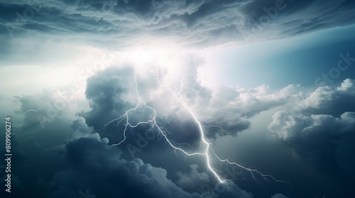 Dramatic Lightning Bolt Illuminating the Dark Stormy Sky photo