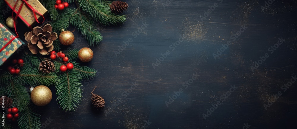 Top down view of a Christmas themed arrangement featuring a spruce branch gifts and toys The image offers ample room for adding text Wide shot photograph