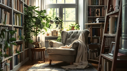 Inviting reading nook with an armchair and bookshelves bathed in natural light © Prasanth