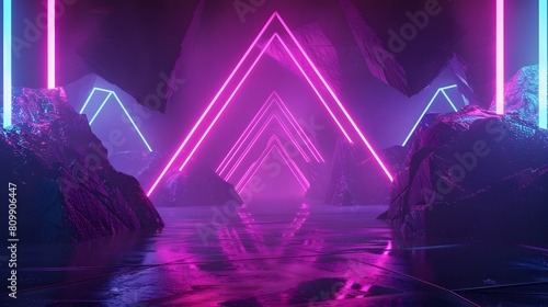 A neon-lit abstract landscape evoking a cyberpunk aesthetic  featuring glowing geometric shapes  captured with an 8k camera  ratio