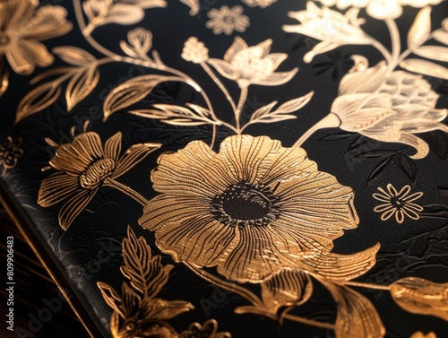 close up of a black and gold floral pattern.