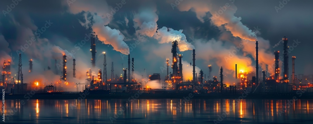 Nighttime image of a refinery with flaring stacks, illustrating the continuous release of greenhouse gases contributing to global warming