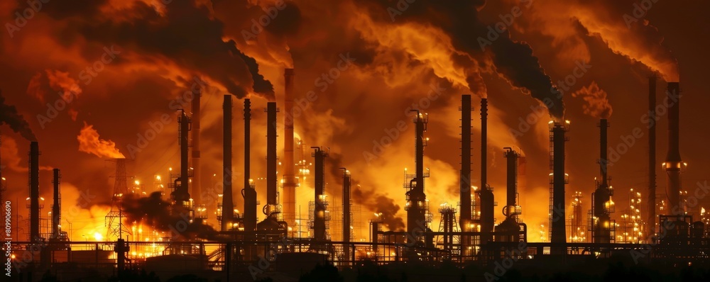 Nighttime image of a refinery with flaring stacks, illustrating the continuous release of greenhouse gases contributing to global warming