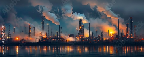 Nighttime image of a refinery with flaring stacks, illustrating the continuous release of greenhouse gases contributing to global warming photo