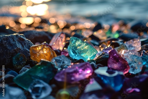 Glowing stones, Shiny colorful stones on the beach shore, Colorful gemstones on a beach glowing, Ai generated