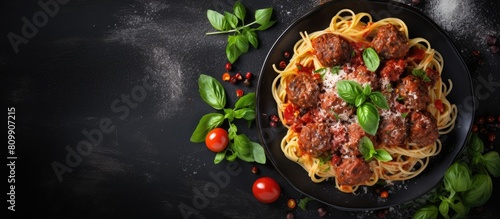 A top view of pasta with beef meatballs in tomato sauce basil and parmesan cheese on a dark stone table featuring a copy space image