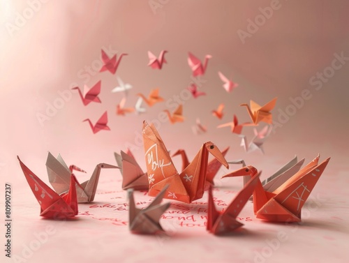 group of origami cranes made of pink and white paper, arranged on a pink background with a soft pink backdrop.