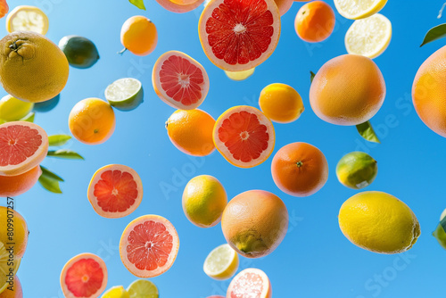 Grapefruit and citrus fruits suspended in mid-air  against a perfect blue sky  surreal and refreshing 