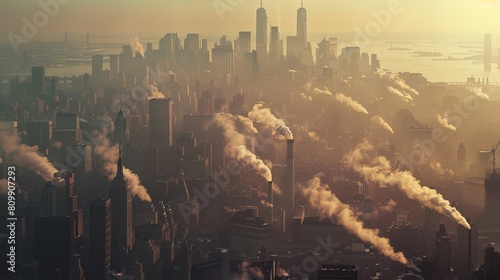 Smogfilled cityscape overshadowed by coal power plant emissions, emphasizing the health and environmental hazards of global warming photo