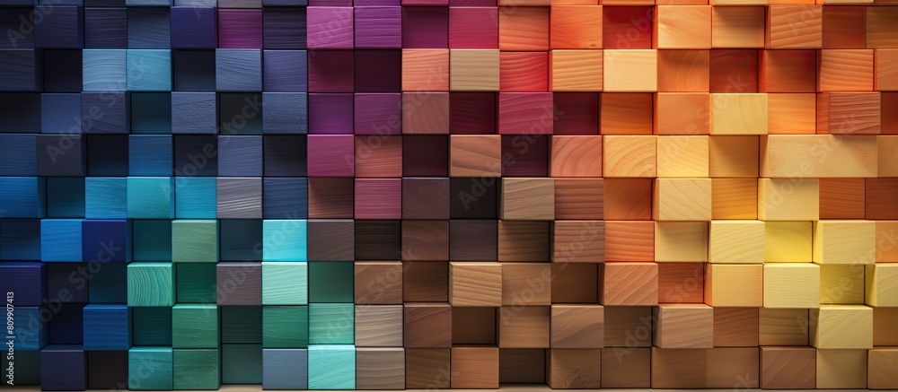 A slanted view of stacked multi colored wooden blocks forming a spectrum with copy space image in front It can serve as a background or cover for creative diverse expanding rising or growing concepts