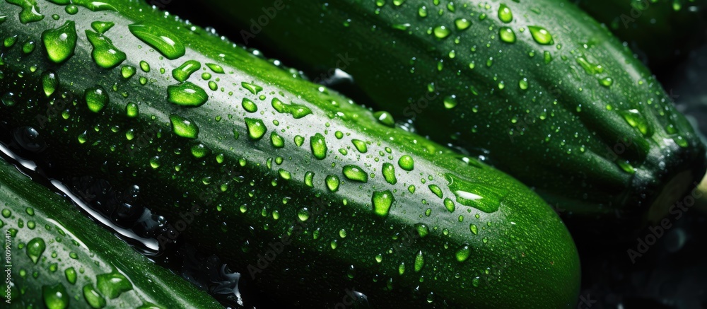 A background image of fresh zucchini or courgettes covered in water droplets is available with ample copy space A background image of fresh zucchini or courgettes covered in water droplets is available with ample copy space