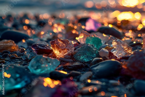 Glowing stones, Shiny colorful stones on the beach shore, Colorful gemstones on a beach glowing, Ai generated