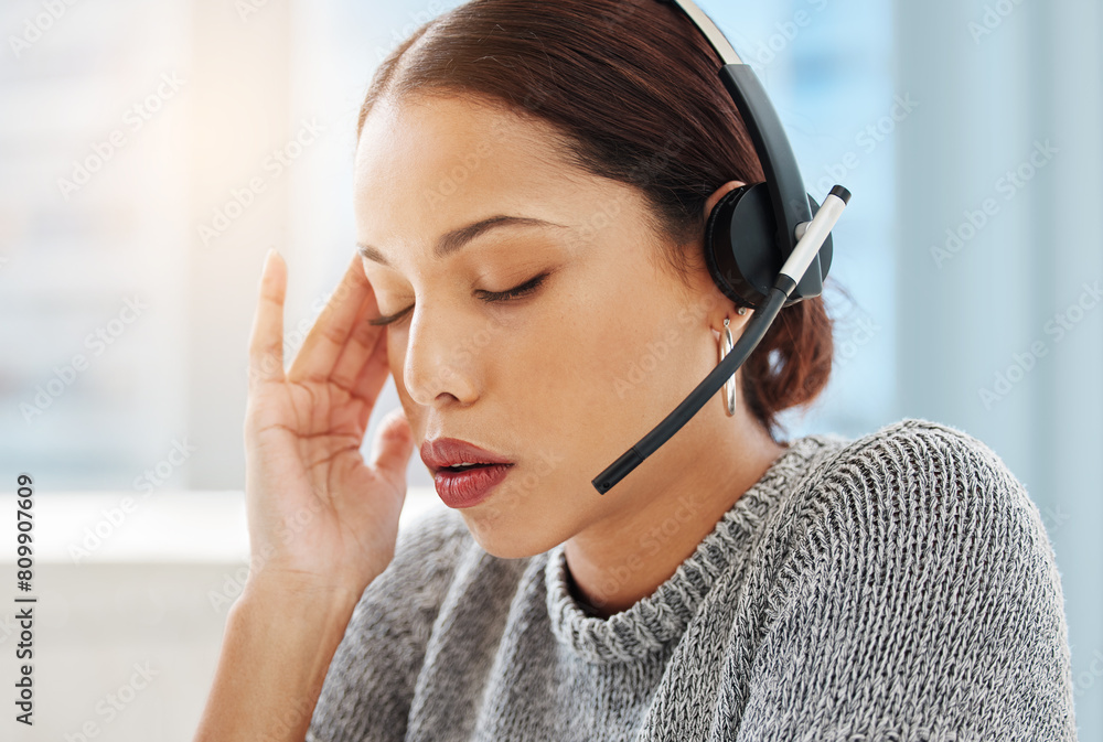 Call center, burnout and woman with stress headache in office consulting for crm, contact us or faq with migraine. Anxiety, vertigo and lead generation consultant frustrated by brain fog or mistake