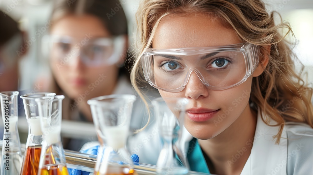 Female Scientific Research with Clear Solution In laboratory Female Scientific Research with Clear Solution In laboratory