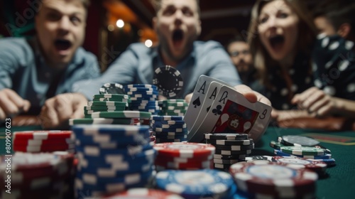 Winner of a poker game raking a large pile of chips towards themselves  with opponents shocked faces in view