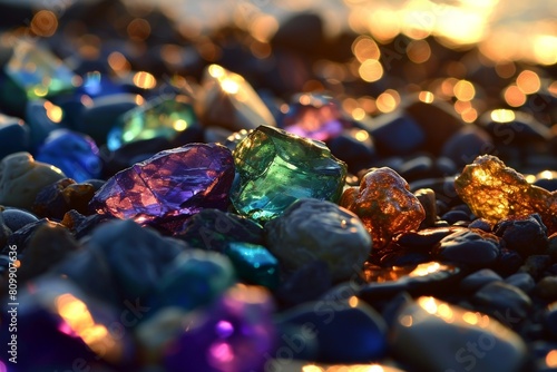Glowing stones   Shiny colorful stones on the beach shore  Colorful gemstones on a beach glowing  Ai generated