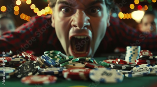 Winner of a poker game raking a large pile of chips towards themselves, with opponents shocked faces in view photo