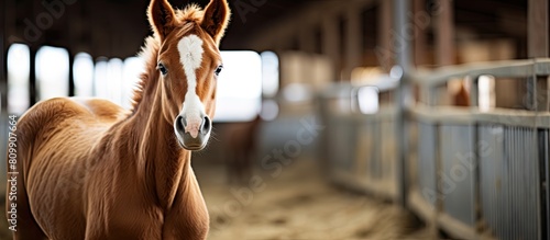 A ginger horse young and beautiful is captured in a photo inside a cattle pen with ample space for additional imagery photo