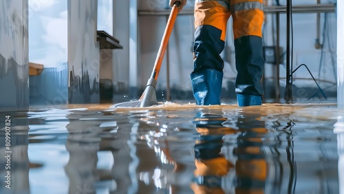 Mopping up deep floodwater in a basement or electrical room after a leak. Concept Flooded Basement, Water Damage Cleanup, Leaking Pipes, Electrical Hazards, Emergency Restoration