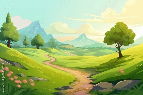 Idyllic summer scene with a path through rolling hills  vibrant greenery  and distant mountains