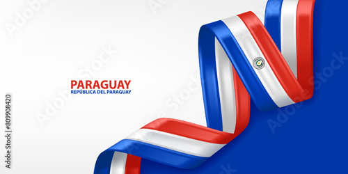 Paraguay 3D ribbon flag. Bent waving 3D flag in colors of the Paraguay national flag. National flag background design. © alex83m