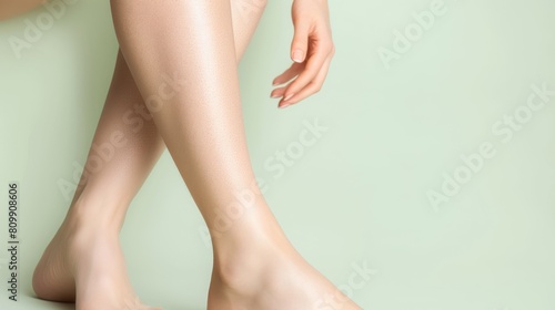 Close ups of beautiful women's legs, feet, and toes, with clear and delicate skin texture and a smooth and clean appearance.