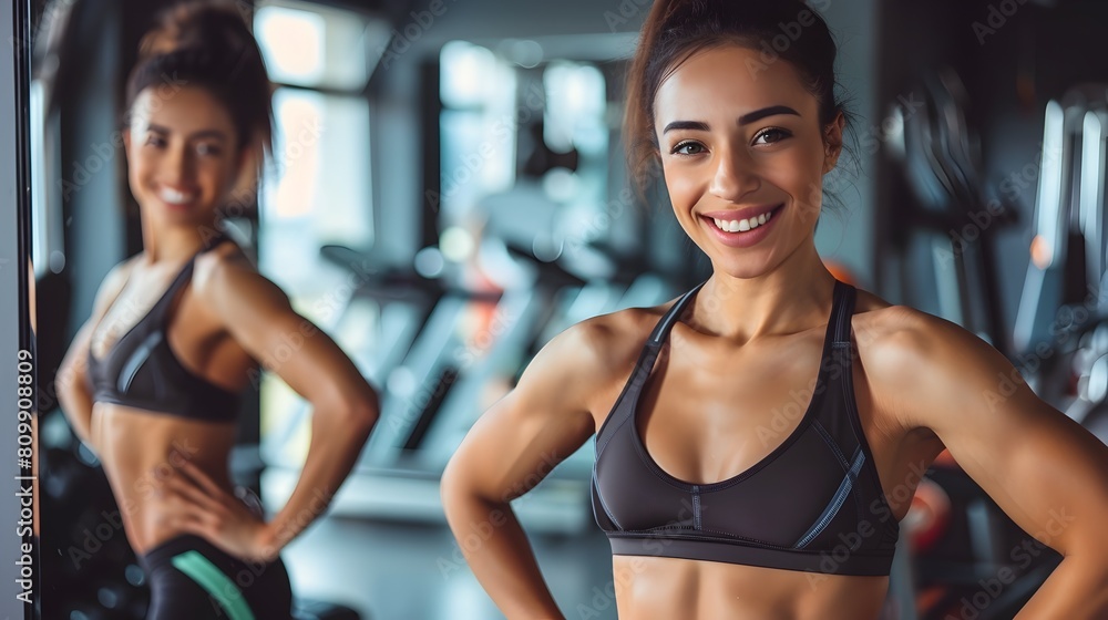 Fit woman in sports bra showcasing her lean physique in a gym mirror with space for text or advertisement