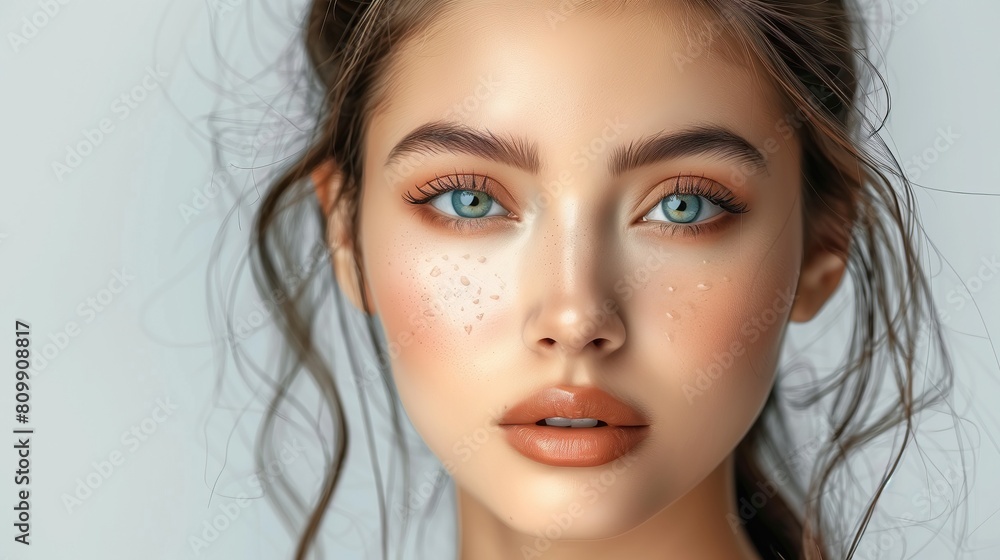 Young woman with a profound gaze, her blue eyes vivid against the misty background, with subtle makeup enhancing her natural features Young woman with a profound gaze, her blue eyes vivid against the misty background, with subtle makeup enhancing her natural features