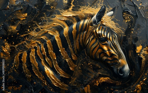A black canvas painted with a zebra in gold oil paints  home decor